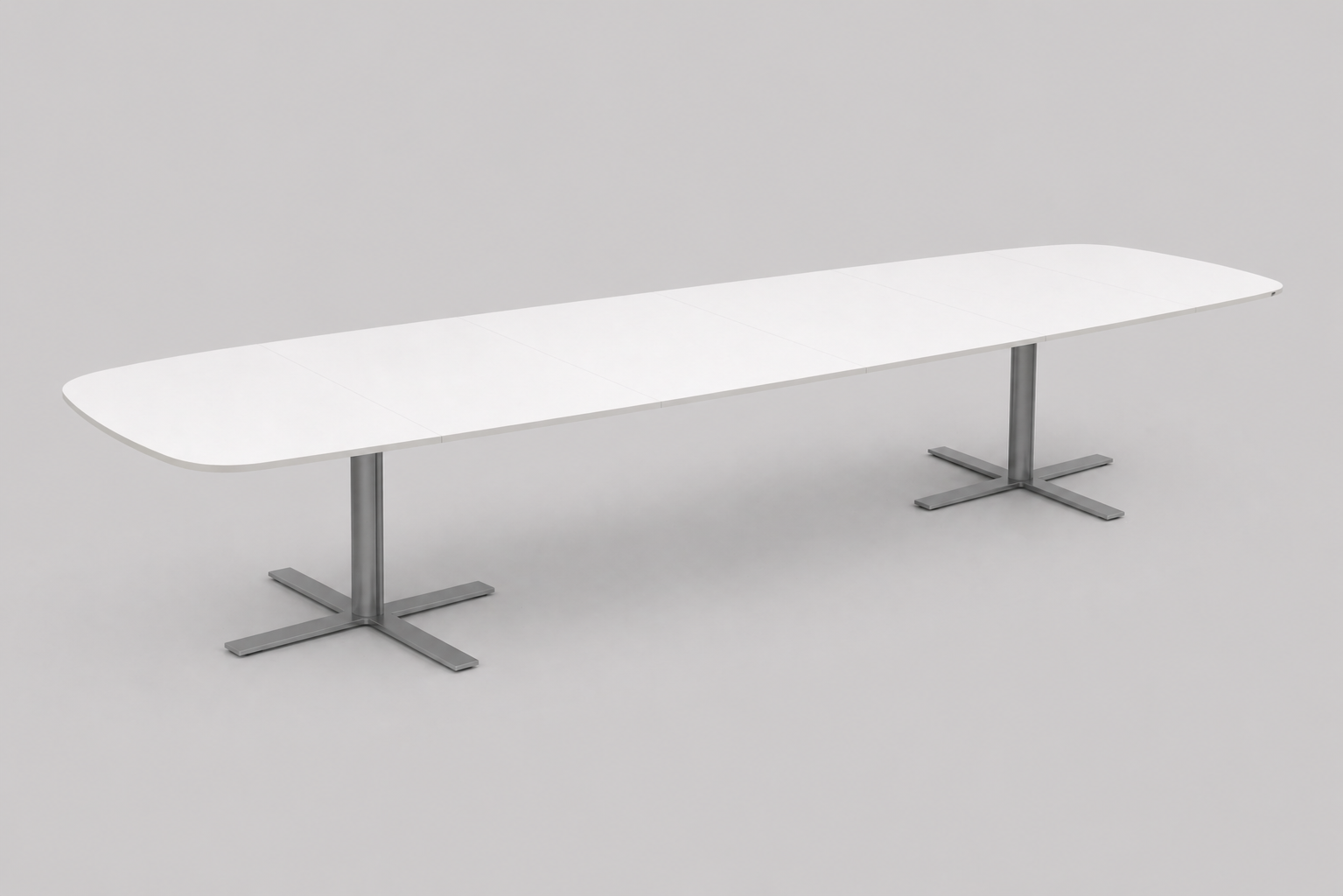 Kinnarps konferencebord 360x120 cm i hvid laminat med gråt stel – stort mødebord set forfra